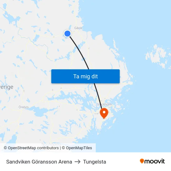 Sandviken Göransson Arena to Tungelsta map