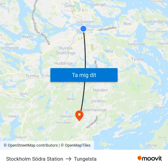 Stockholm Södra Station to Tungelsta map