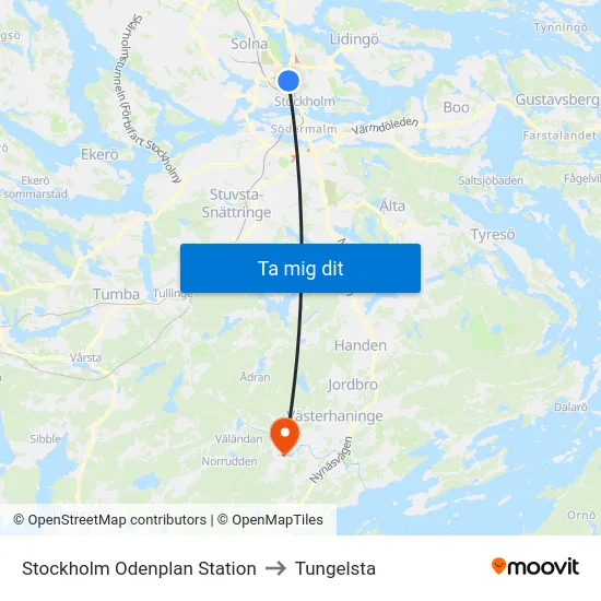Stockholm Odenplan Station to Tungelsta map