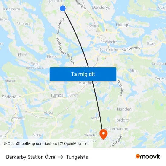 Barkarby Station Övre to Tungelsta map