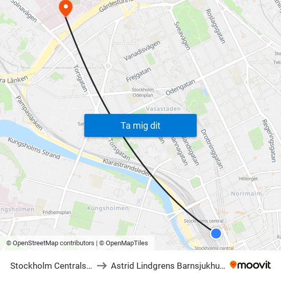 Stockholm Centralstation to Astrid Lindgrens Barnsjukhus-Solna map