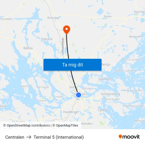 Centralen to Terminal 5 (International) map