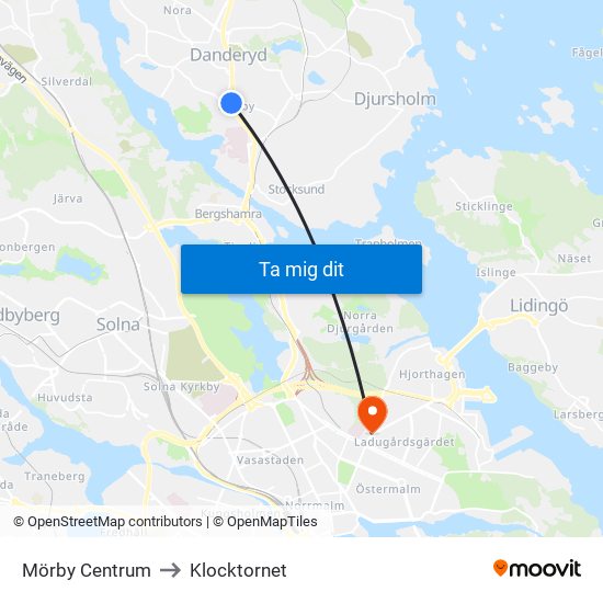 Mörby Centrum to Klocktornet map