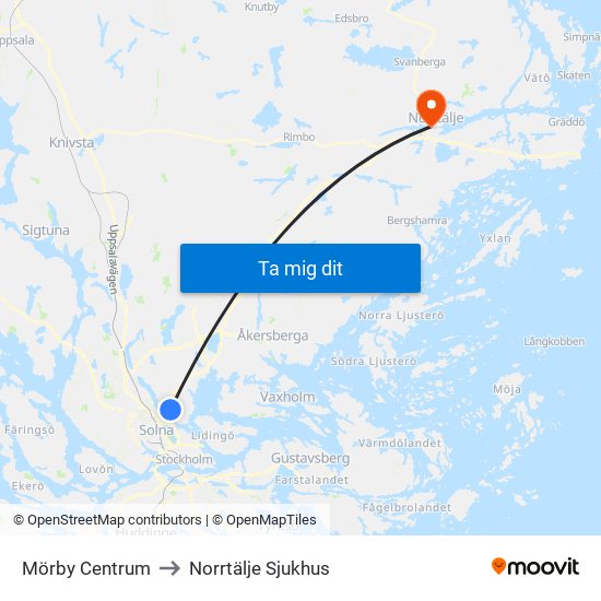 Mörby Centrum to Norrtälje Sjukhus map