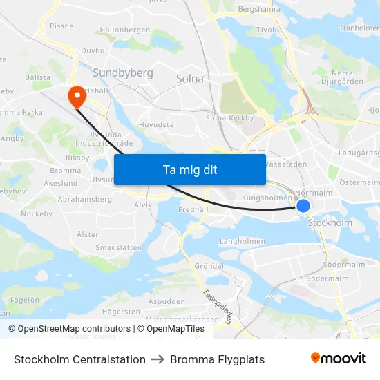 Stockholm Centralstation to Bromma Flygplats map