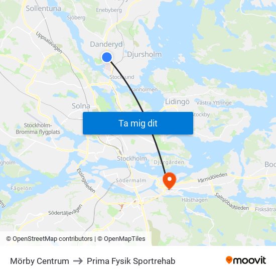 Mörby Centrum to Prima Fysik Sportrehab map