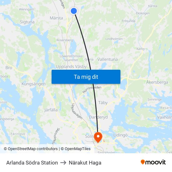 Arlanda Södra Station to Närakut Haga map