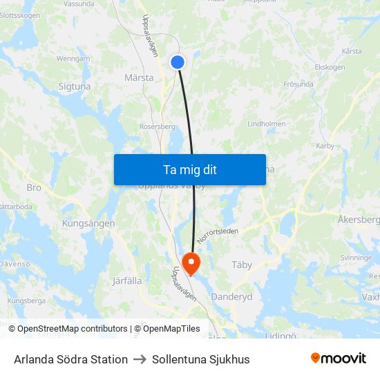 Arlanda Södra Station to Sollentuna Sjukhus map