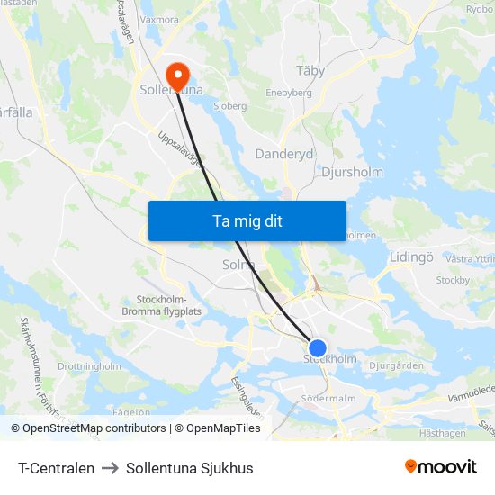 T-Centralen to Sollentuna Sjukhus map
