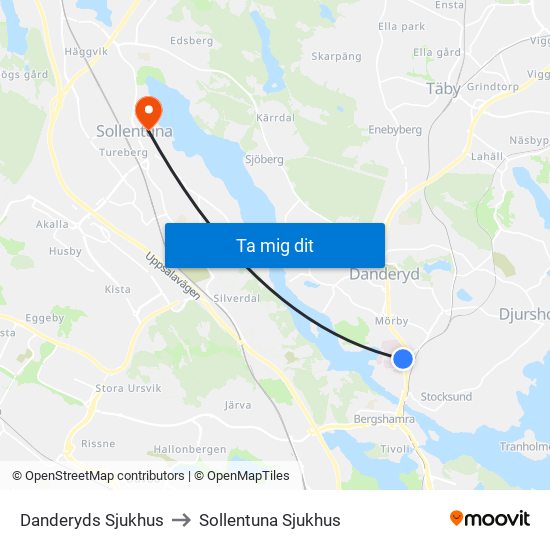 Danderyds Sjukhus to Sollentuna Sjukhus map