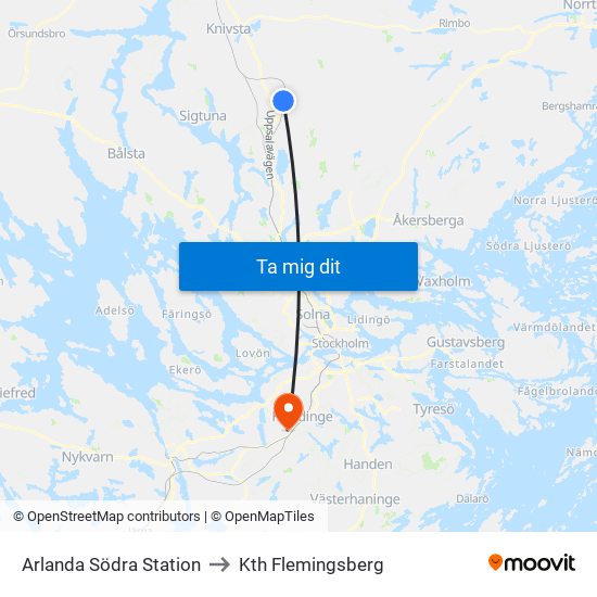 Arlanda Södra Station to Kth Flemingsberg map
