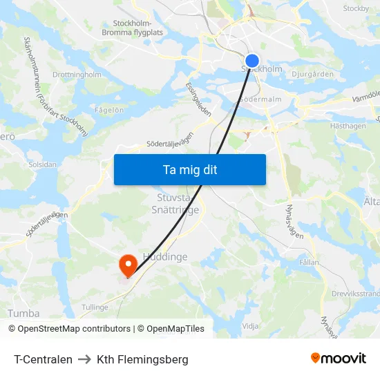 T-Centralen to Kth Flemingsberg map
