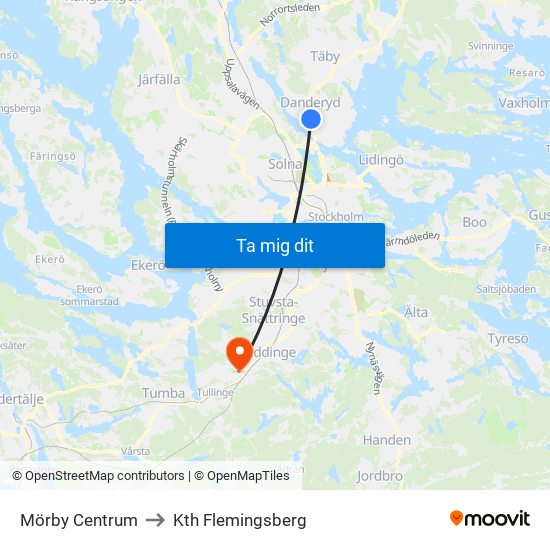 Mörby Centrum to Kth Flemingsberg map