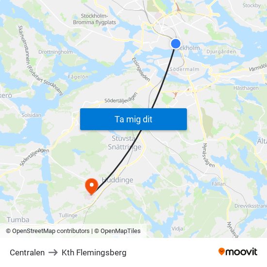 Centralen to Kth Flemingsberg map