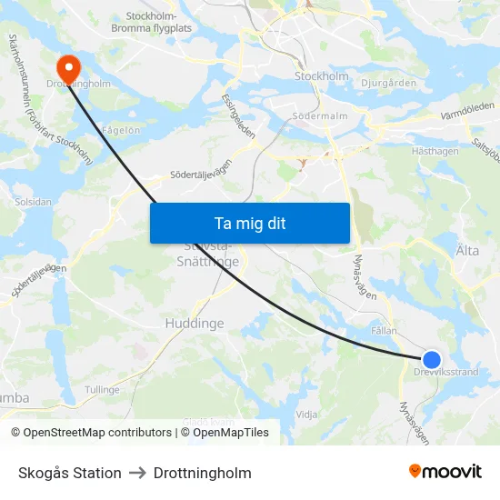 Skogås Station to Drottningholm map
