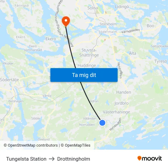 Tungelsta Station to Drottningholm map