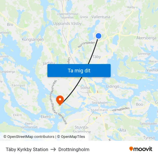 Täby Kyrkby Station to Drottningholm map