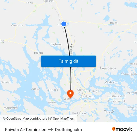 Knivsta Ar-Terminalen to Drottningholm map