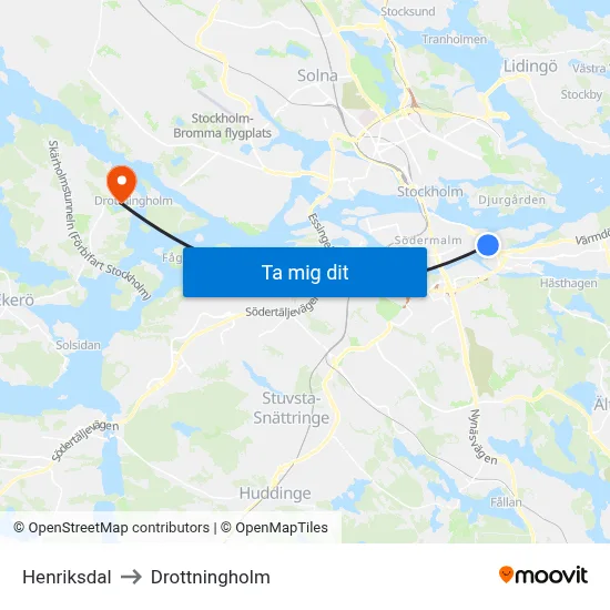 Henriksdal to Drottningholm map