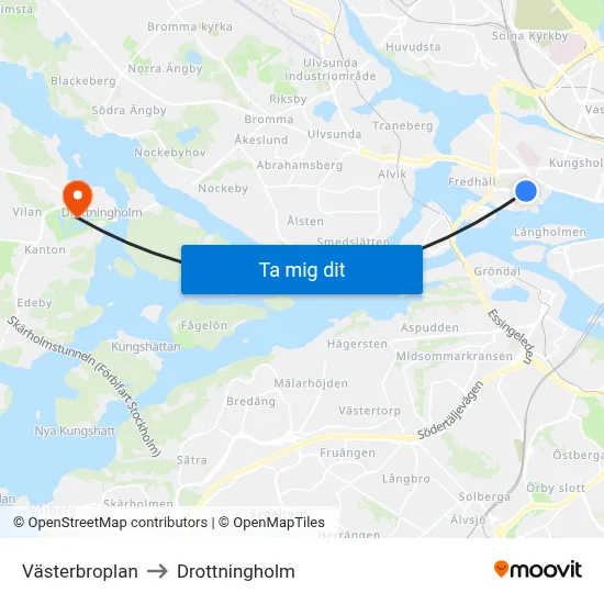 Västerbroplan to Drottningholm map