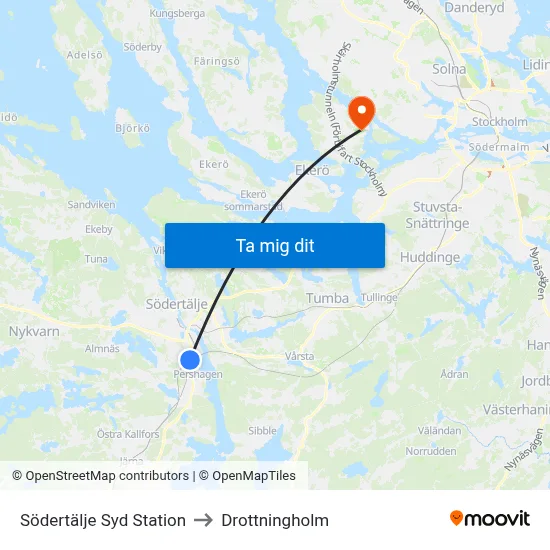 Södertälje Syd Station to Drottningholm map