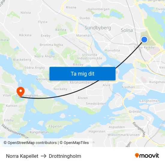 Norra Kapellet to Drottningholm map