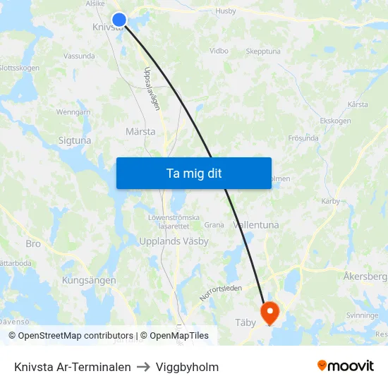 Knivsta Ar-Terminalen to Viggbyholm map