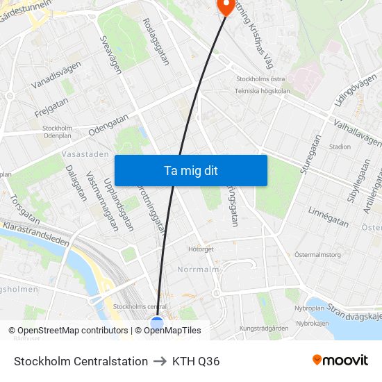 Stockholm Centralstation to KTH Q36 map