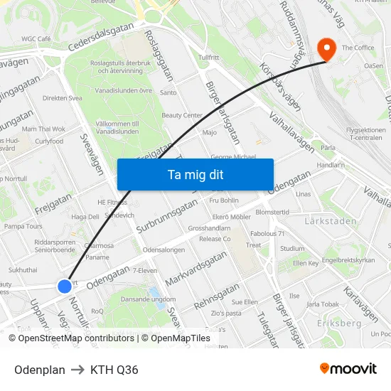 Odenplan to KTH Q36 map