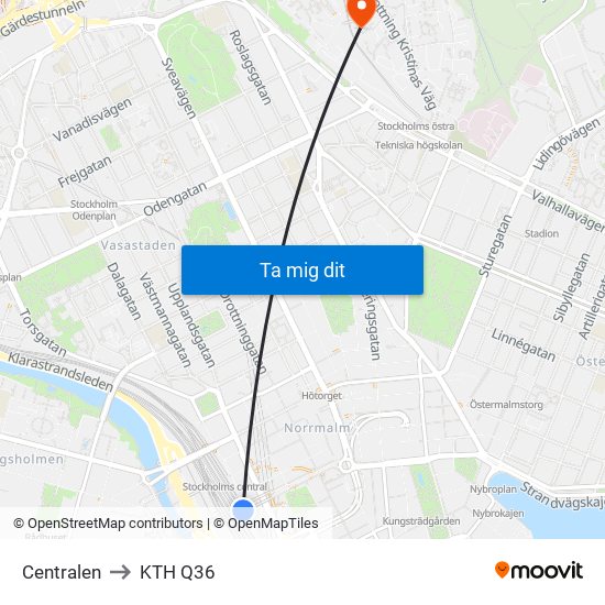 Centralen to KTH Q36 map
