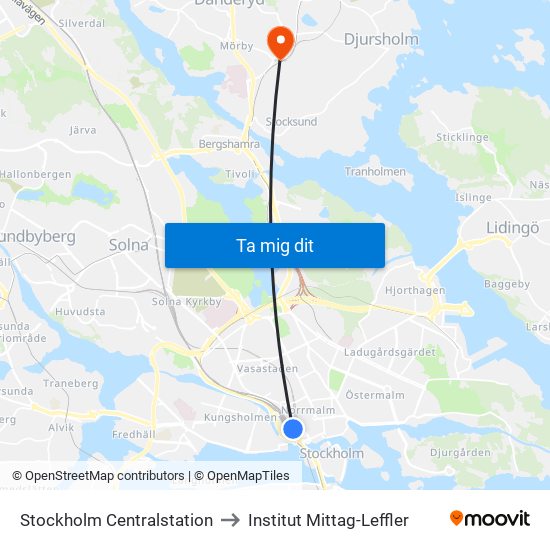 Stockholm Centralstation to Institut Mittag-Leffler map