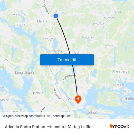 Arlanda Södra Station to Institut Mittag-Leffler map