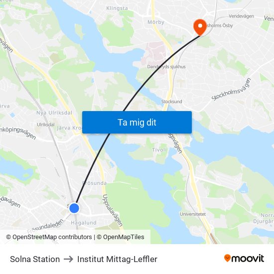 Solna Station to Institut Mittag-Leffler map