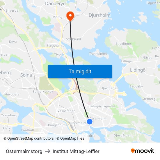 Östermalmstorg to Institut Mittag-Leffler map