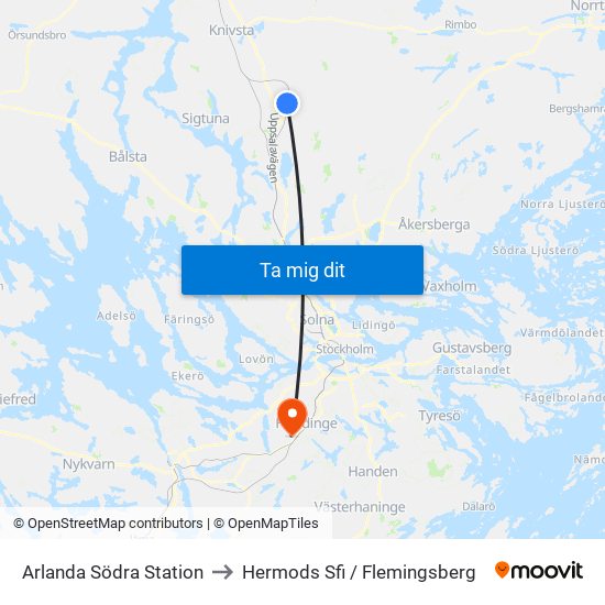 Arlanda Södra Station to Hermods Sfi / Flemingsberg map