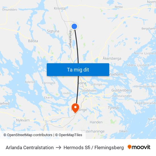 Arlanda Centralstation to Hermods Sfi / Flemingsberg map