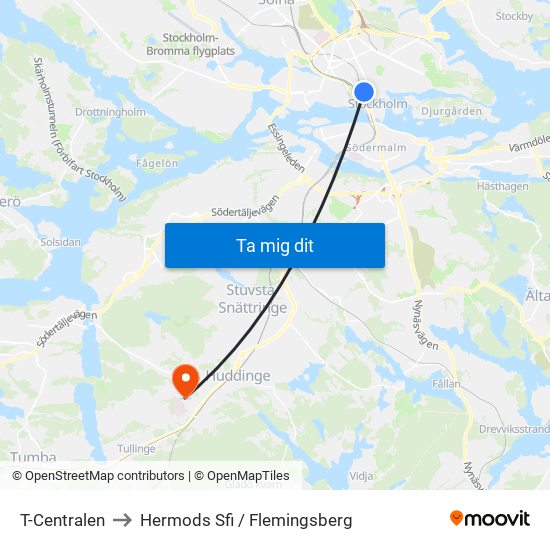 T-Centralen to Hermods Sfi / Flemingsberg map