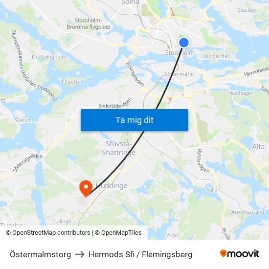 Östermalmstorg to Hermods Sfi / Flemingsberg map