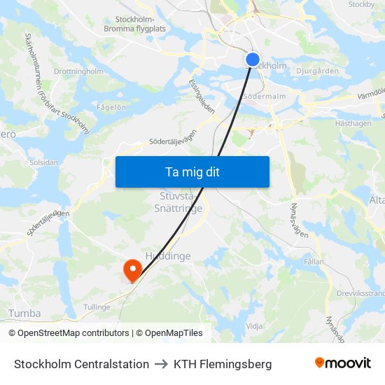 Stockholm Centralstation to KTH Flemingsberg map