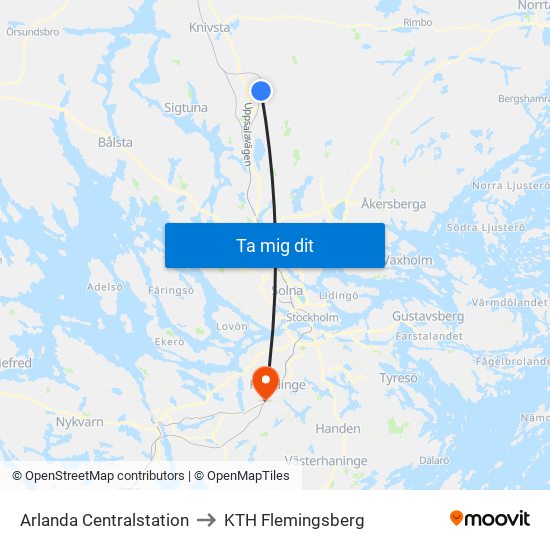 Arlanda Centralstation to KTH Flemingsberg map