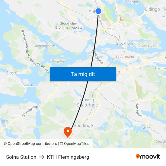 Solna Station to KTH Flemingsberg map
