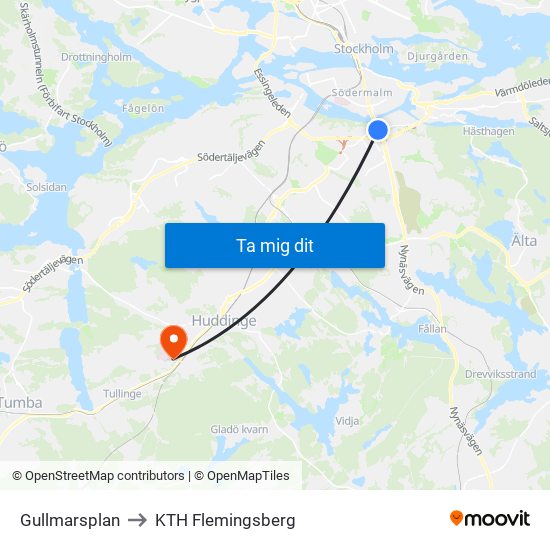Gullmarsplan to KTH Flemingsberg map