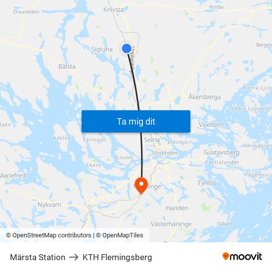 Märsta Station to KTH Flemingsberg map