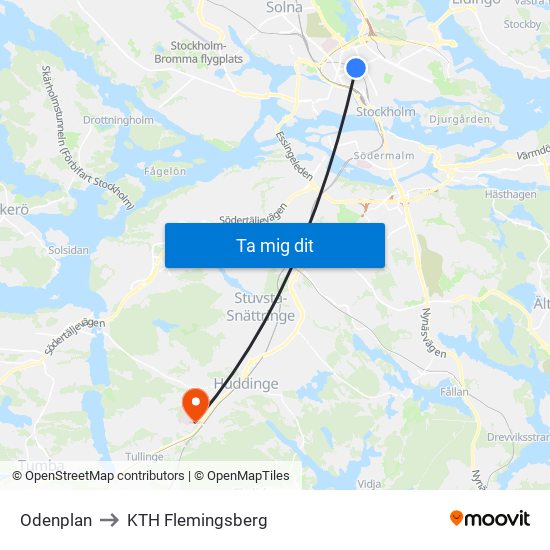 Odenplan to KTH Flemingsberg map