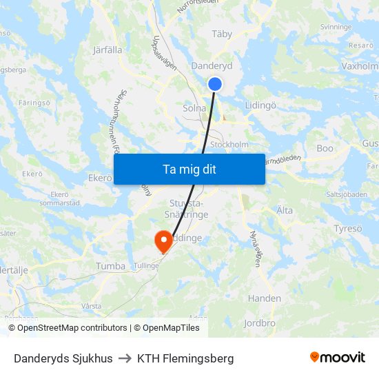 Danderyds Sjukhus to KTH Flemingsberg map