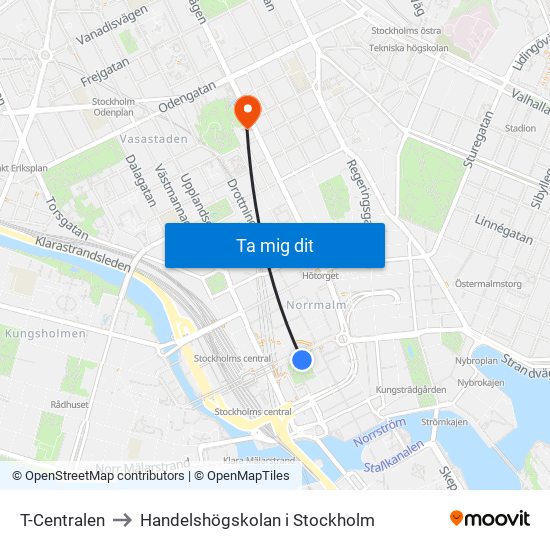 T-Centralen to Handelshögskolan i Stockholm map