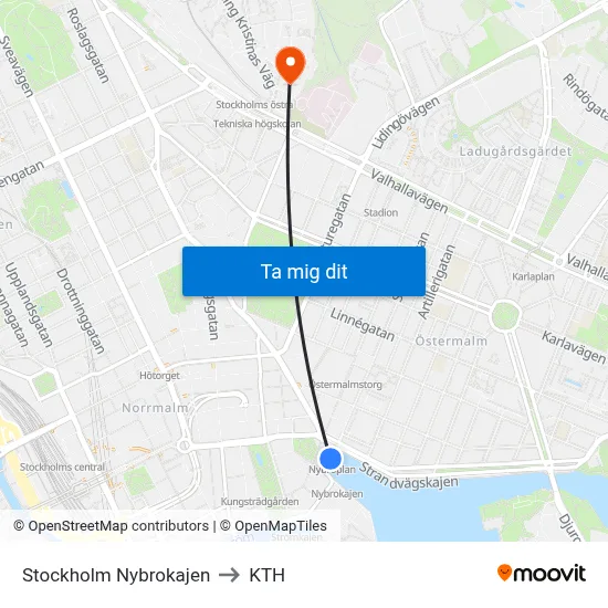 Stockholm Nybrokajen to KTH map