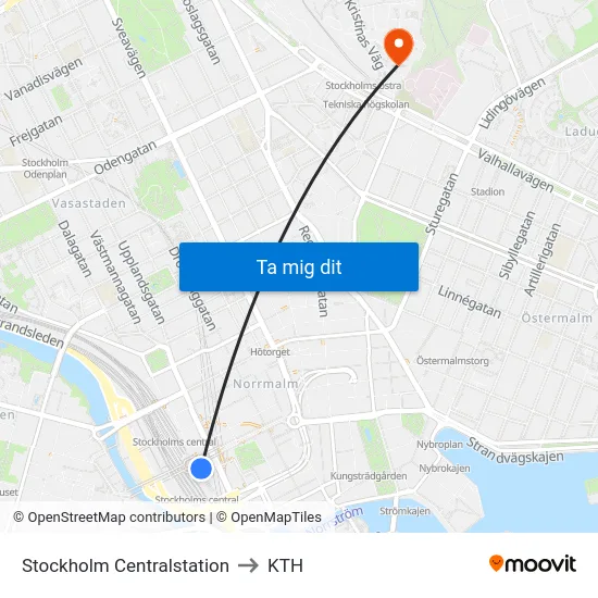 Stockholm Centralstation to KTH map
