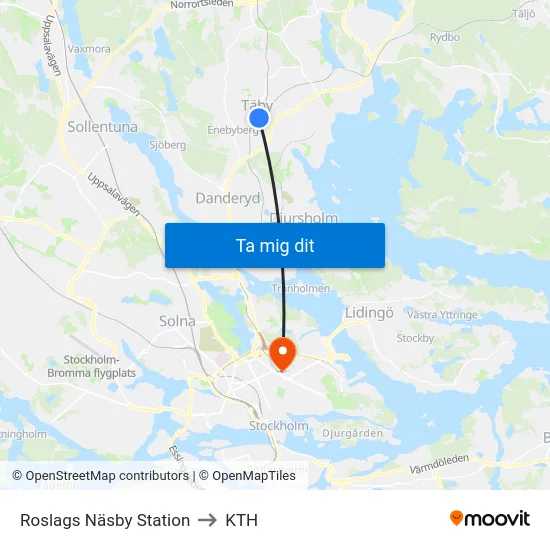 Roslags Näsby Station to KTH map