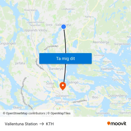 Vallentuna Station to KTH map